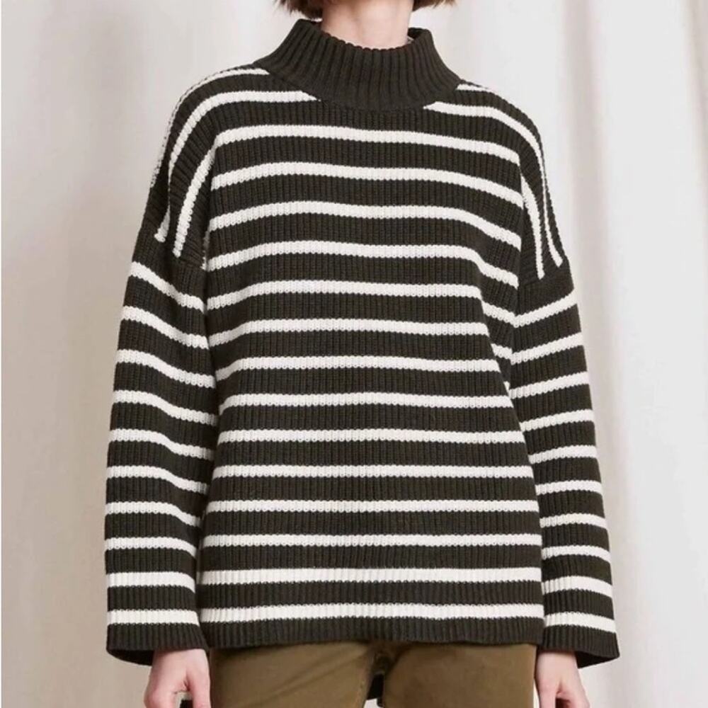 Apiece Apart Sweater Green Striped Organic Cotton M/L Classic Luxury Relaxed Fit